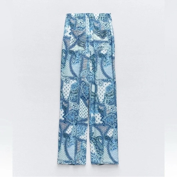 ZARA PAISLEY PRINT BLUE WHITE WIDE LEG PANTS - Picture 1 of 8